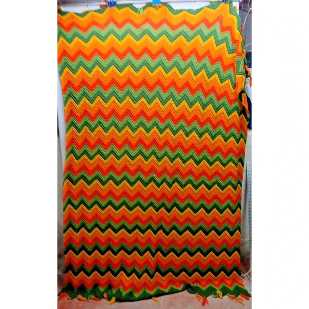 Vintage Zig Zag Chevron Afghan 70s Style Crochet 51” x 84”